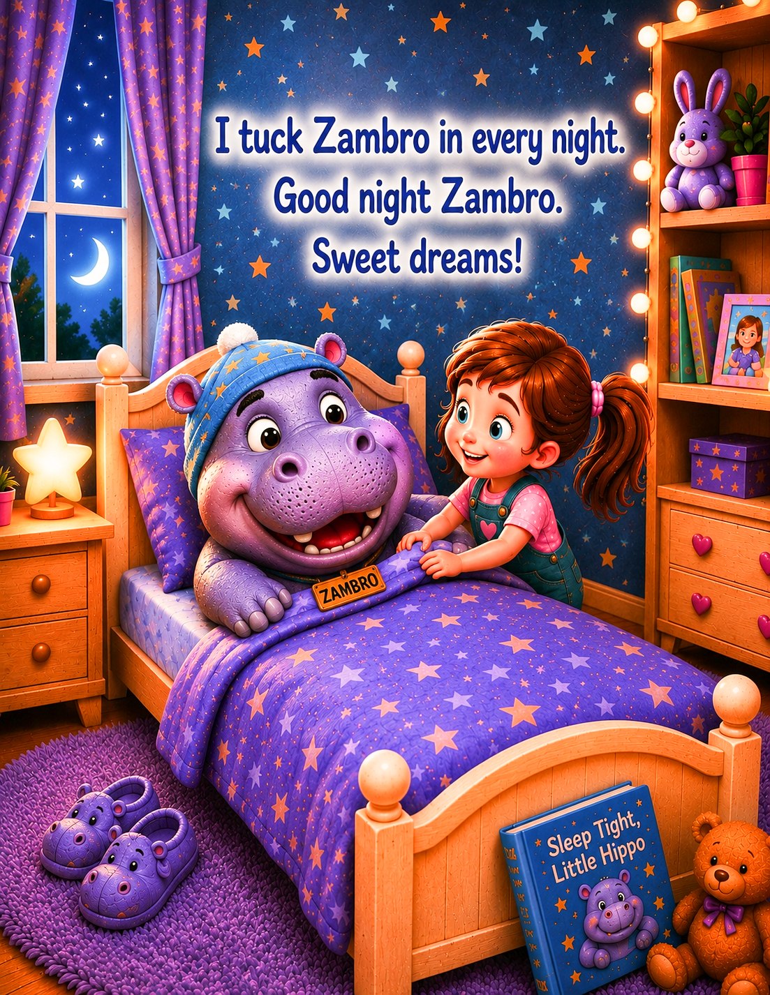 Mandy tucks Zambro into bed.