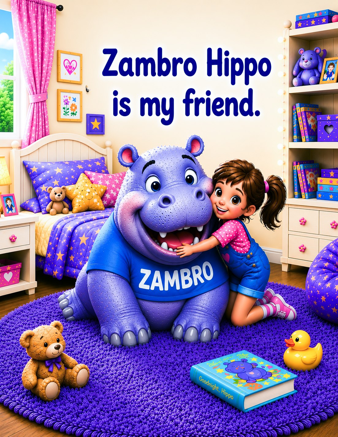 Mandy hugs her smiling pet hippo, Zambro, in her bedroom.