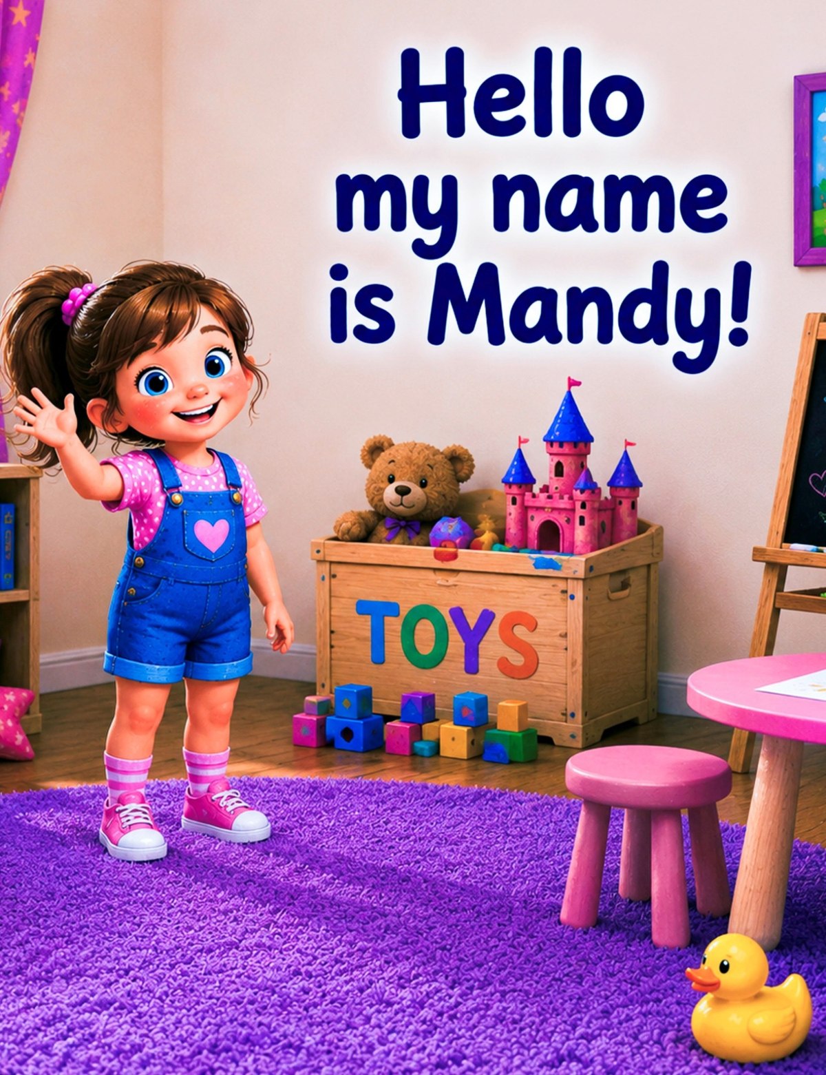 Mandy smiles and waves in her playroom.