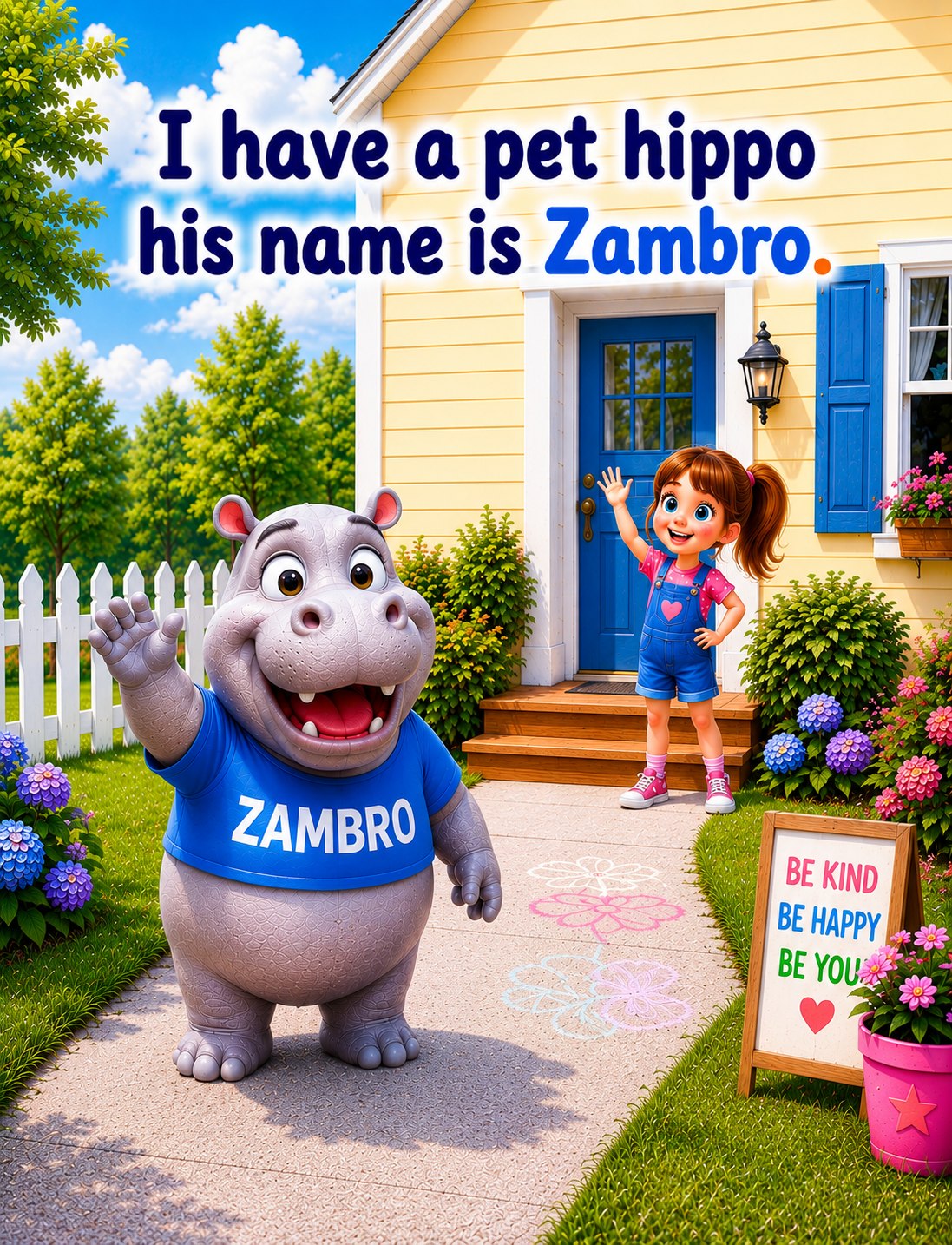 Zambro waves cheerfully outside Mandy's home.